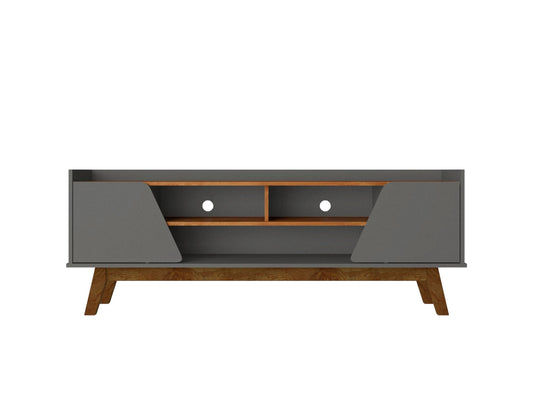 Manhattan Comfort Marcus Mid Century Modern 65 Inch TV Stand with Solid Wood Legs, Cable Management, 5 Shelves and Soft Close Doors, Entertainment Center and Media Console for Living Room, Grey