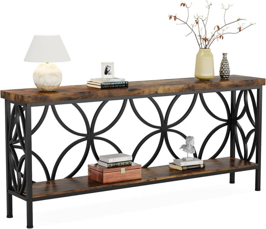 LITTLE TREE Sofa Table, 70.9 Inch Industrial Behind Couch Table with Storage Shelves, Narrow Long Console Table for Entryway, Living Room, Foyer, Hallway, Office