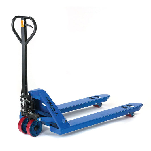 Global Industrial High Capacity Pallet Jack with 27" W x 36" L Forks, 6600 Lb. Capacity, Manual Duty Truck for Warehouse, Manufacturing and Retail, Blue Powder Coat Finish