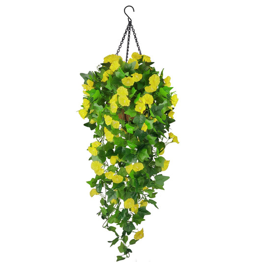 Artificial Fake Hanging Flowers Plants Basket for Spring Outdoor Outside Decoration, UV Resistant Faux Plastic Fabric Flower Morning Glory Wisteria Petunia for Garden Porch Patio Balcony Yard Decor