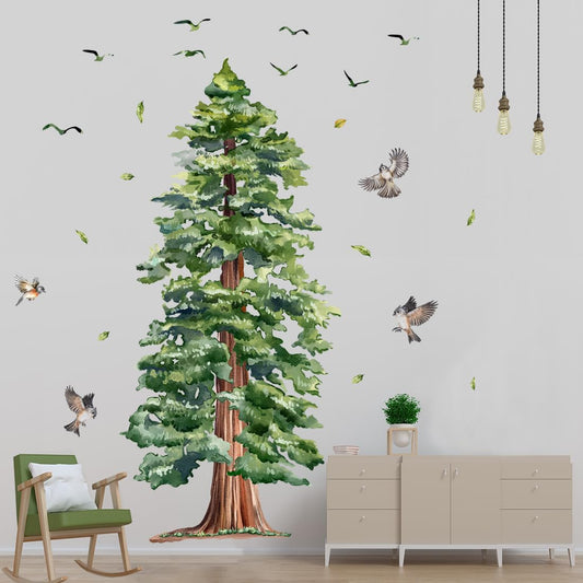 Large Tree Wall Sticker 4 Sheets Green Pine Tree Wall Decal Peel and Stick Bird Wall Art Decor 3D Woodland Animals Wall Stickers for Living Room