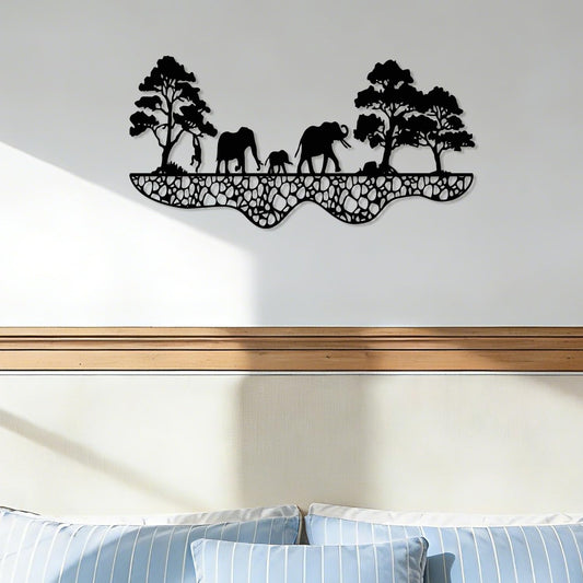 Maoerzai Elephant Family Metal Wall Art, Elephants Herd Metal Wall Decor, Modern African Wall Decor for Living Room & Home (Black - 16 x 8 Inch)