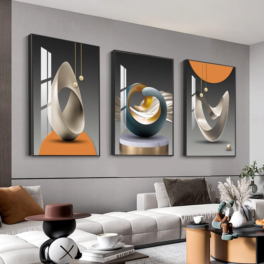 MPLONG Bright Style Large Framed Wall Art, Abstract Modern Art Shape Pattern White Blue Yellow Grey Wall Art Artfully Matching Living Room Bedroom Office Wall Decor - 24"x 32"x 3 Panels