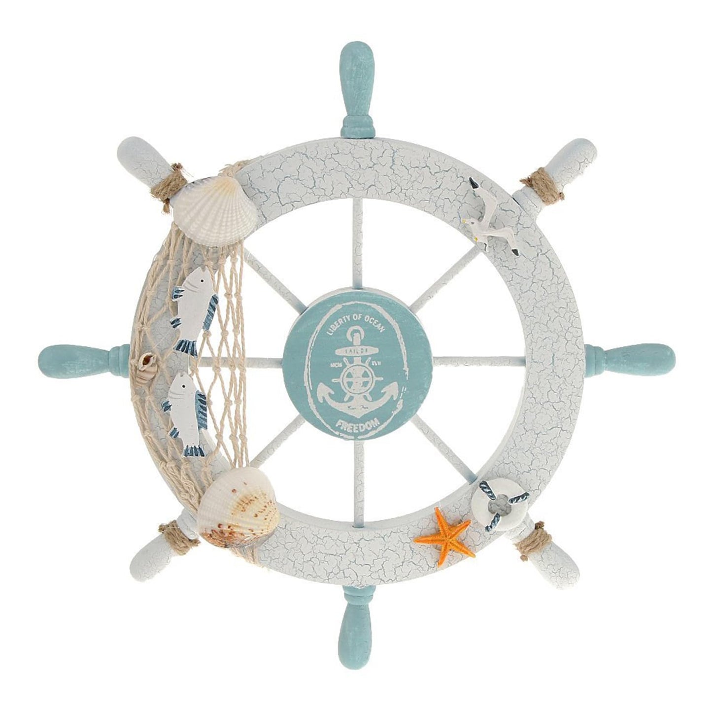 Rienar Nautical Beach Wooden Boat Ship Steering Wheel Fishing Net Shell Fish Home Wall Décor(11" Diameter)