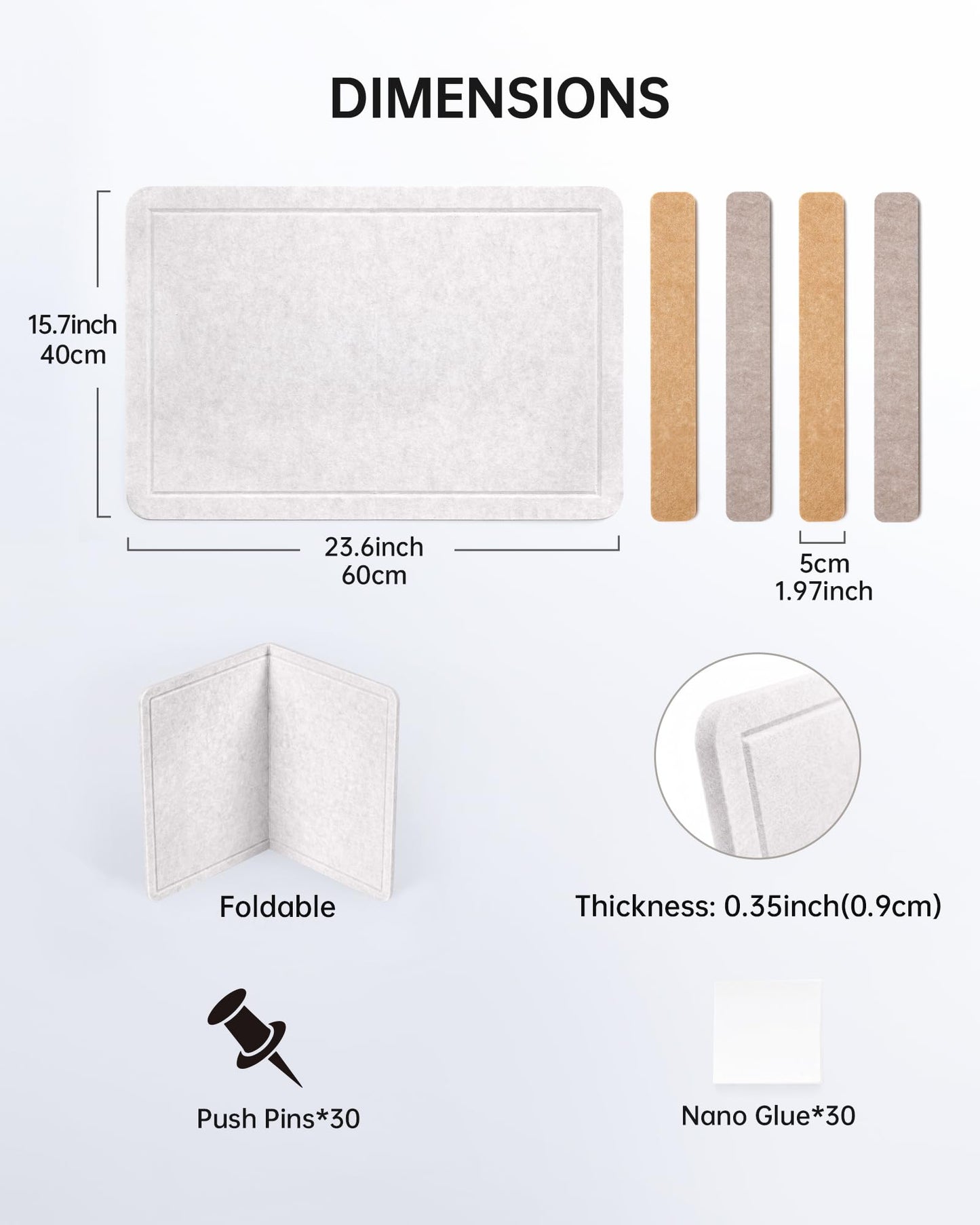 Cork Board Alternative, 24"X16" Felt Bulletin Board with 4-Pack 16"X2" Felt Strip, 30 Push Pins Set - Pin Board for Home Office Classroom Wall, Removable Adhesive Install-Oatmeal