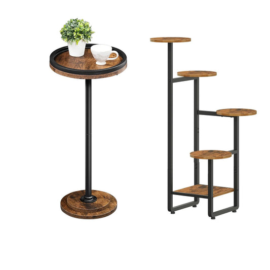 HOOBRO Round Side Table and Plant Stand Bundle, Drink Table with Pedestal Accent for Small Spaces, 5 Tiered Plant Shelf Flower Stand for Multiple Indoor Plants, BF168BZ01-BF07HJ01