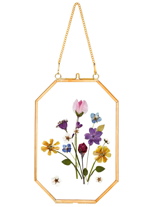 REDHUGO Pressed Flower Frames, Glass Floating Frames for Display Dried Plant Specimen Picture, Hanging Brass Photo Frame with Chain, Double Clear Glass, Vintage Wall Decor, Octagon, Gold, 4x6 Inches