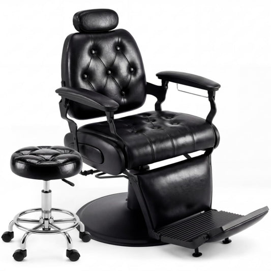 Oakvera Barber Chair with Stool, Heavy Duty Vintage Recline Hydraulic Barber Chair with Towel Bar, 360° Swivel All Purpose Professional Salon Chair Barber Shop Beauty Salon Shampoo Equipment, Black