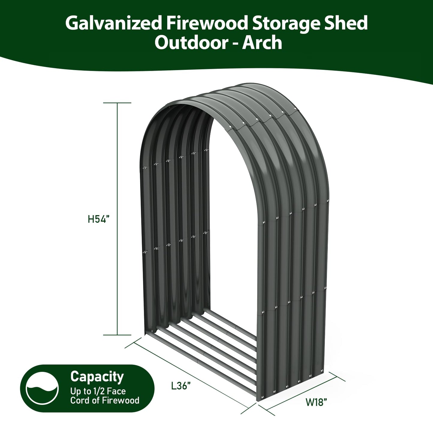 A ANLEOLIFE 6-Set Galvanized Steel Firewood Storage Rack with Weatherproof Corrugated Roof, Heavy Duty Outdoor Log Holder for Patio Porch Fire Pit, Arch Gray