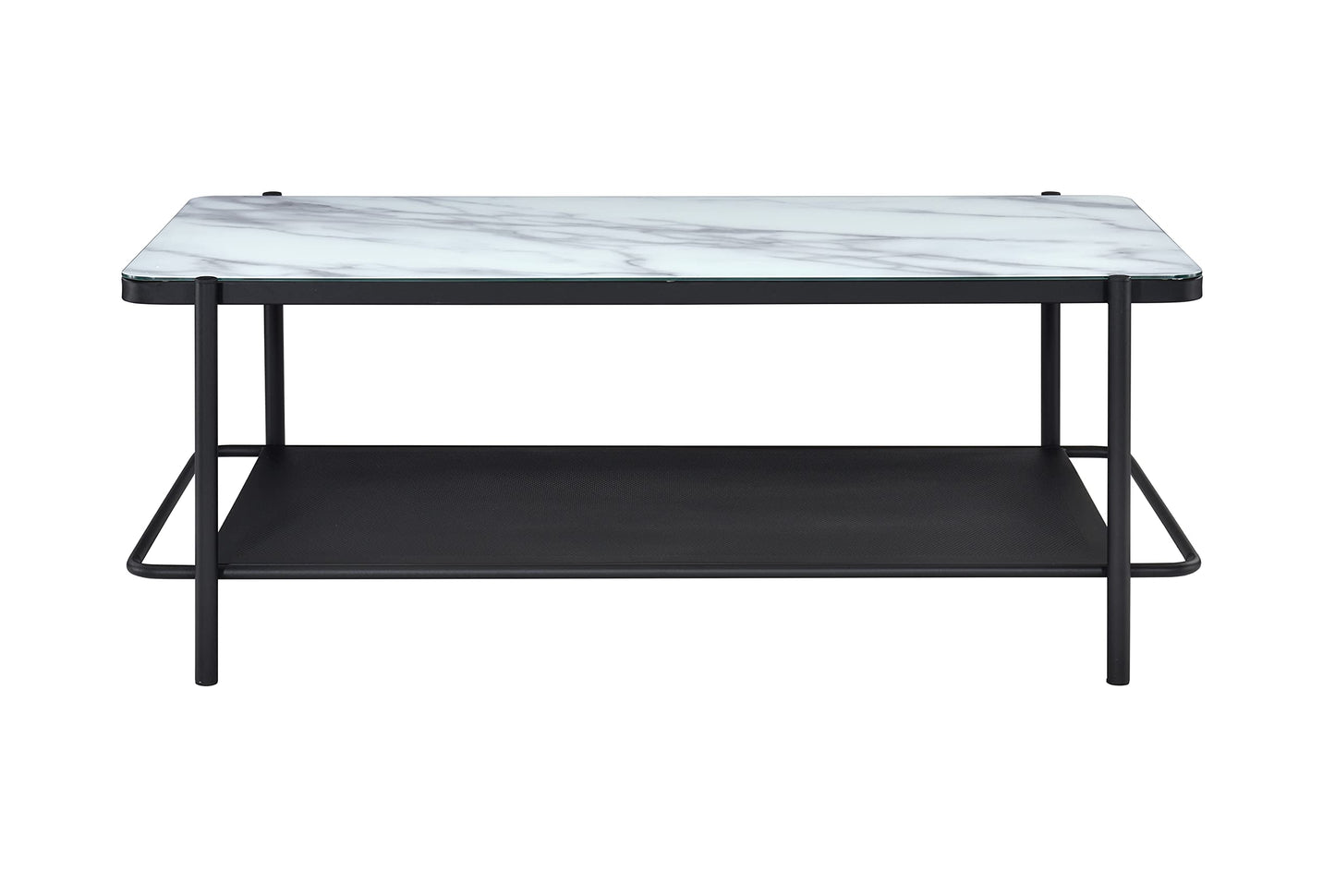 Furniture of America Basil Industrial Faux Marble Top Steel 2-Piece Coffee and End Tables Set with Open Shelves, Black and White