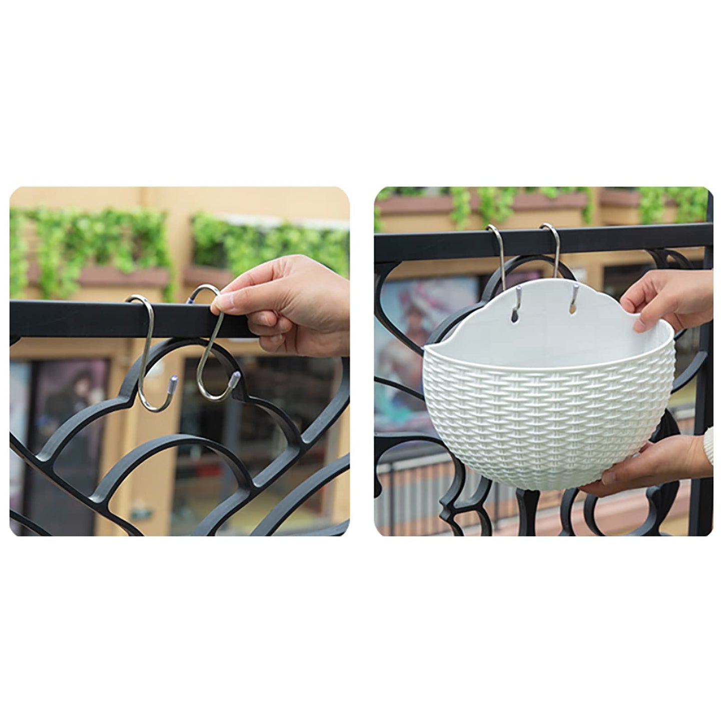 Hanging Planter Pot, Wall and Railing Hanging Planters with S Hooks, Half Round Imitation Rattan European Style Wall Flowerpot Rustic Decorative Flower Basket for Home Balcony Garden(#26*20.5cm Green)