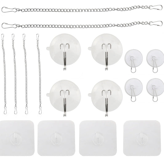 CHENJIN 1 Set 10/20 Inches Colored Glass Window Hanging Chain Kit with Three Types of Suction Cups Four Each Metal Stainless Steel Chains Double Ended Buckles for Hanging Bird Feeders Plant Baskets