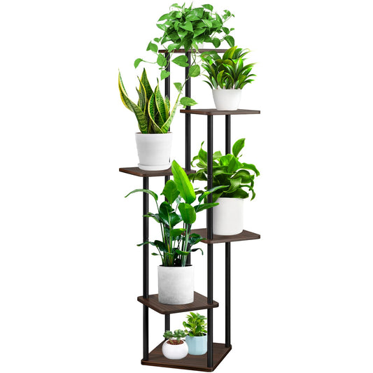 YOCOMEY 6 Tier Plant Stand Indoor, Thickened Metal Wood Corner Plant Shelf Stands for Multiple Plants, Indoor Tall Plants Stand Tiered Flower Holder for Living Room Patio Garden Balcony(Black+Oak)