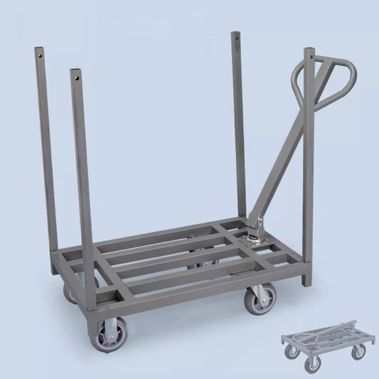 Heavy Duty Folding Platform Trolley with Removable Armrest and Fence Pole, Commercial Cloth Pulling Cart for Warehouse Factory Workshop, Easy Installation