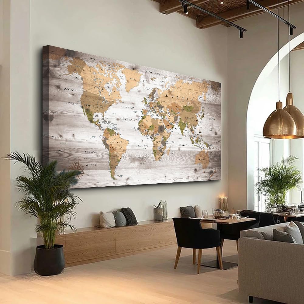 Large Wall Art grey map of The World Painting Ready to Hang 29"x58"Large Framed Wall Art World Map Canvas Map Decorations Artwork Prints