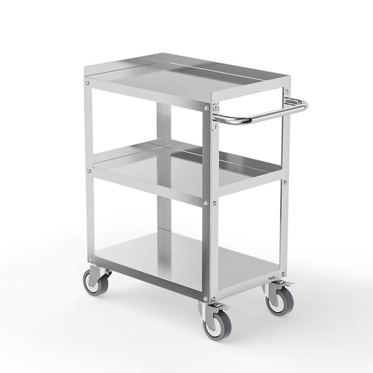 LEADZM 15"L x 24"W x 33"H Utility Rolling Cart on Wheels With Braker, 3-Tier Heavy Duty Commercial Storage Tool Serving Cart With Handle, Stainless Steel for Kitchen Home & Business, Silver