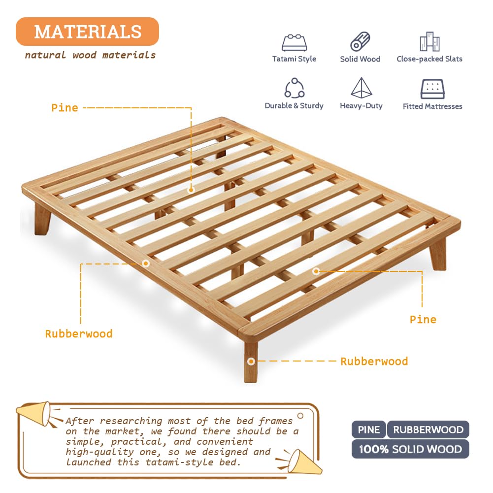 NELYE California-King Platform Bed Base - 14 Inch Solid Wood Mattress Foundation with Support Slats and Legs, California King Size Rubberwood Simple Bed Frame