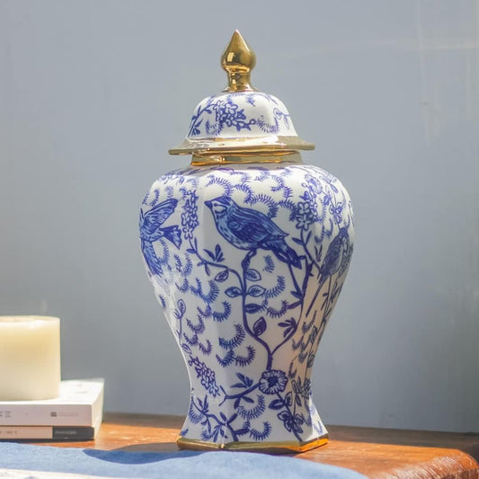 Porcelain Ginger Jar, Handcraft Decorative Ceramic Ginger Jar Storage Jars Floral Arrangement Blue and White Flower Vase Temple Jar with Lid for Home Office Bookshelf Living Room (Size : Small) (Colo