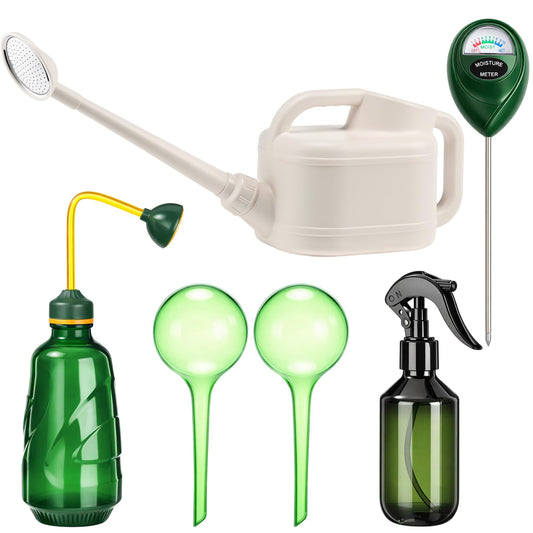 Reallnaive 6-piece Indoor Watering Can Set – 1 Gal Can, 6.8 oz Spray, 15 oz Squeeze, Plant Watering Globes & Soil Moisture Meter, Indoor & Outdoor Plant Care(White)