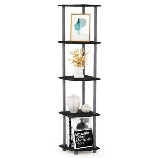 Furinno TURN-N-TUBE Corner Shelf, 5-Tier Corner Bookshelf, Open Storage Shelves, for Organization and Storage, Living Room, Home Office, Garage, Bedroom, Black