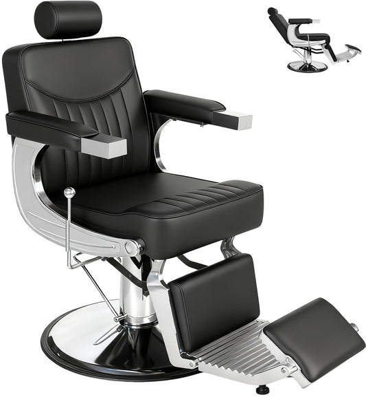 Vintage Barber Chair for Barbershop, Reclining Heavy-Duty Hydraulic All-Purpose Salon Chair, 360 Swvivel Adjustable Hair Stylist Chair, Professional Salon Beauty Spa Shampoo Equipment, Black Lines