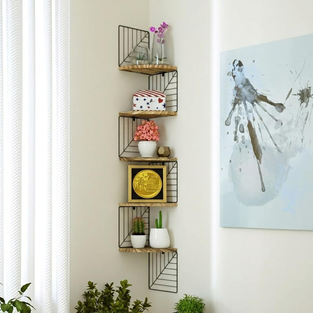 Love-KANKEI Corner Shelf Wall Mount of 5 Tier Rustic Wood Floating Shelves Wall Shelves for Bedroom Living Room Bathroom Kitchen Office and More Carbonized Black