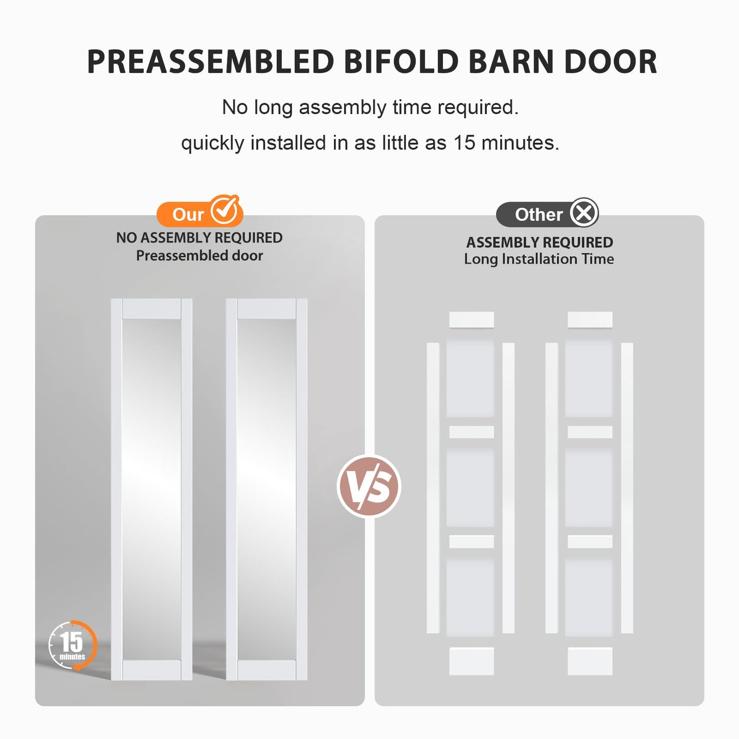 FREDBECK Bifold Barn Door 24x84 (Double 12x84) with 1 Lites Mirror,Bi-fold Closet Doors Hardware Kit Included,28" Track for 2 Doors, PVC, White,for Living Room, Bathrooms, Kicthen