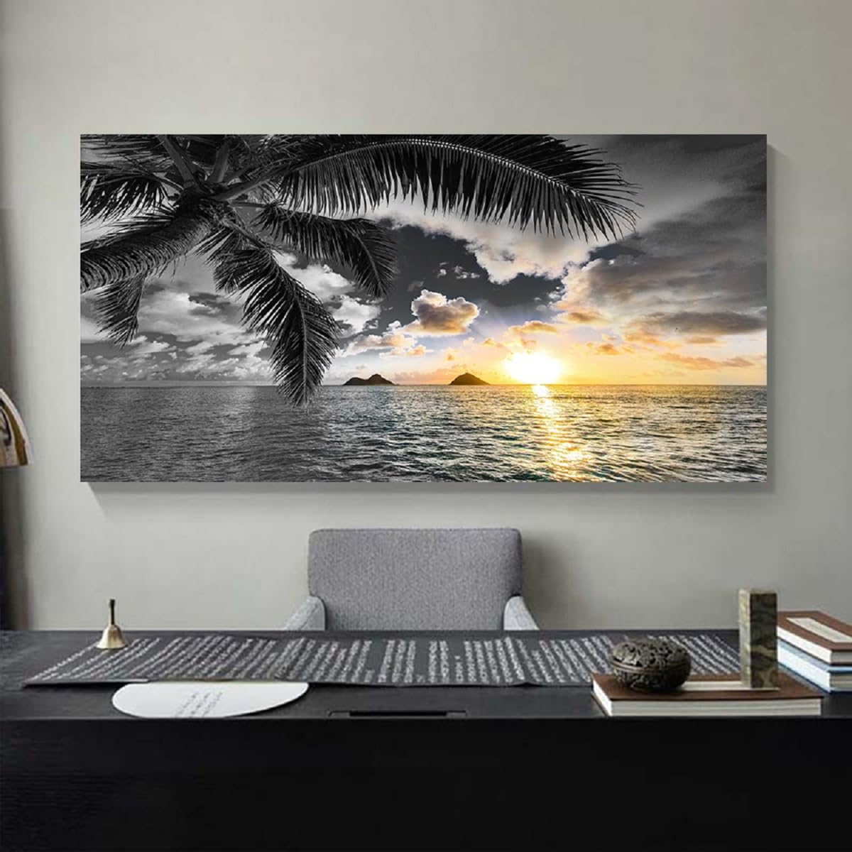 Bamdeya Wall Decor Bedroom Black and White Beach Wall Art Palm Sunset Seascape Pictures Wall Art Living Room Canvas Prints Art Ocean Room Decor Poster Painting Home Office Decoration Scenery Artwork