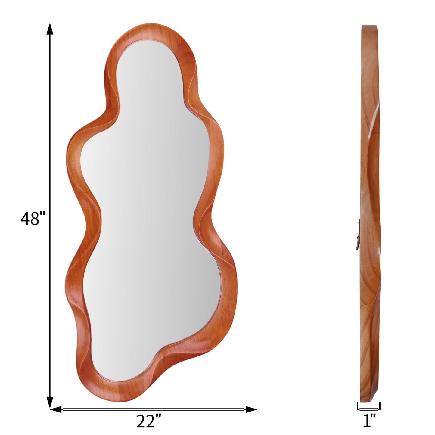 osemy 48"x 22" Irregular Wall Mirror, Walnut Wood Framed Wall Mirror, Asymmetrical Wall Wavy Mirror for Living Room Bedroom Entryway Bathroom Modern Decorative Mirror with Hanging Hooks