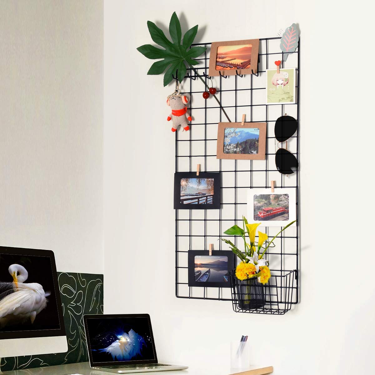 Wall Photo Grid Shelf, Wall Hanging Ins Art Display Grid Panel for Decor & Storage, Metal Wire Notice Boards & Memo Board, Mesh Tool Organiser, Wall Photo Frame 2 Pcs (Black, 15.7 x 31.5 inches)
