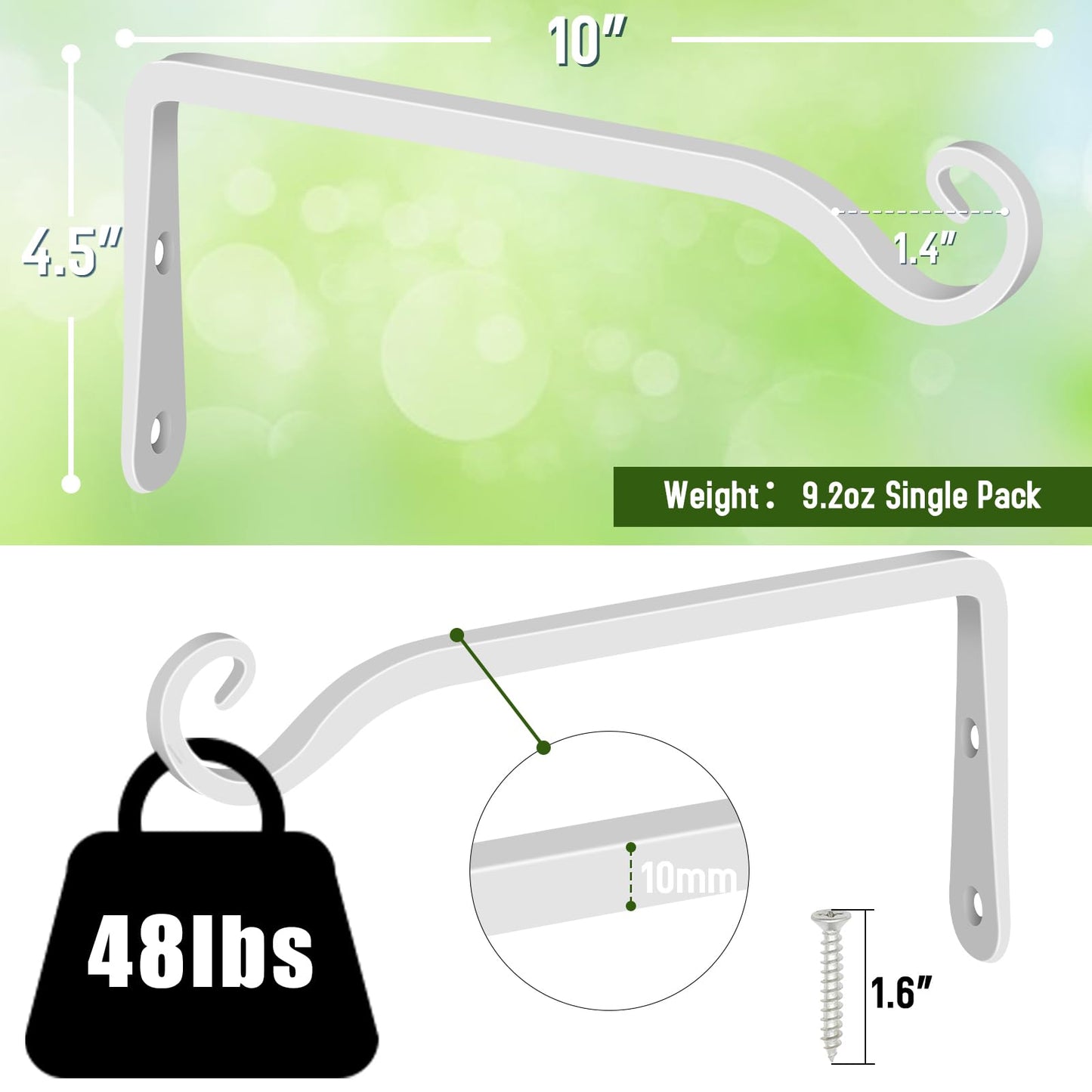 FEED GARDEN Hanging Plant Bracket 10 Inch 2 Pack, Hand-Forged Plant Hanger for Hanging Bird Feeders, Wind Chimes, Flower Baskets, Lanterns, Indoor/Outdoor Use, White