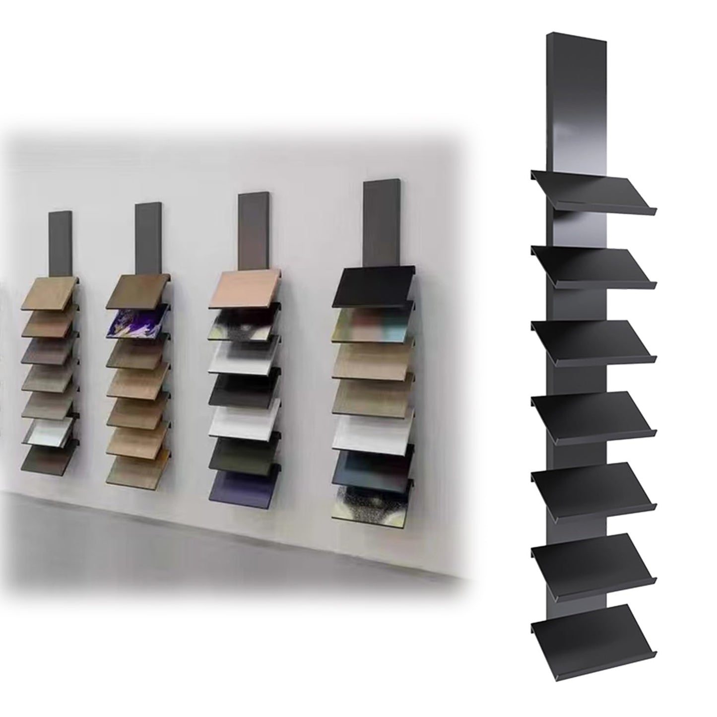 Heavy-Duty Wall Mount Tile Display Rack for Marble & Stone Samples, 7-Shelf Wooden Holder, Glass Sample Storage Stand for Retail, 30x20x170cm (11.8x7.9x66.9in)