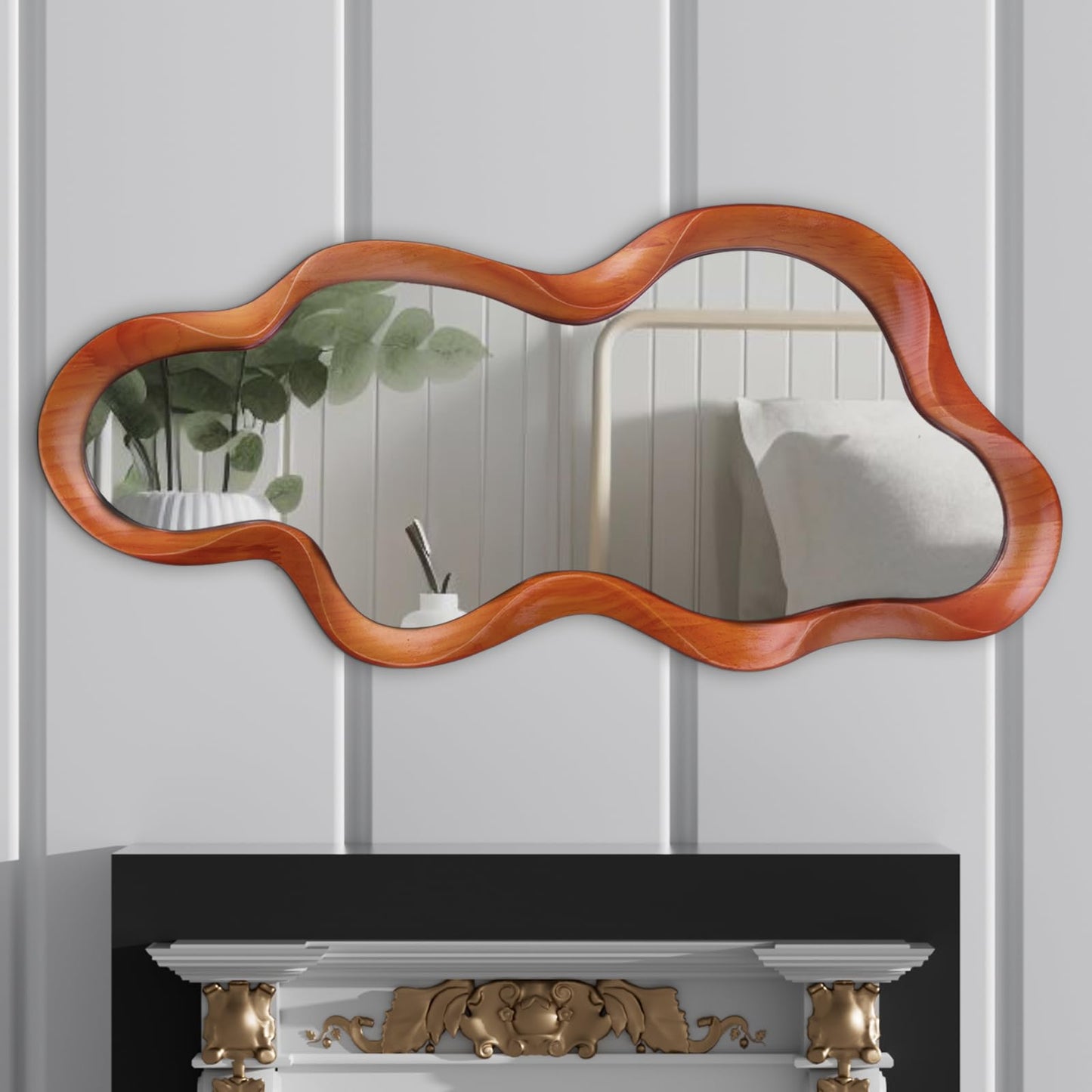 osemy 48"x 22" Irregular Wall Mirror, Walnut Wood Framed Wall Mirror, Asymmetrical Wall Wavy Mirror for Living Room Bedroom Entryway Bathroom Modern Decorative Mirror with Hanging Hooks