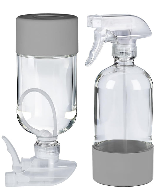 TERESRY 2 Pack 360° Glass Spray Bottles with Silicone Sleeve, 16 oz Empty Refillable Containers with Adjustable Spray Nozzles, Spray Bottles for Hair, Cleaning Solutions and Plants Grey