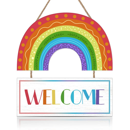 LHIUEM Rainbow Welcome Wooden Hanging Door Sign,Boho Rainbow Wall Decor,LGBT Pride Diversity Decorations,Back to School Sign,Colorful Wall Art For Bedroom Playroom Classroom Decor
