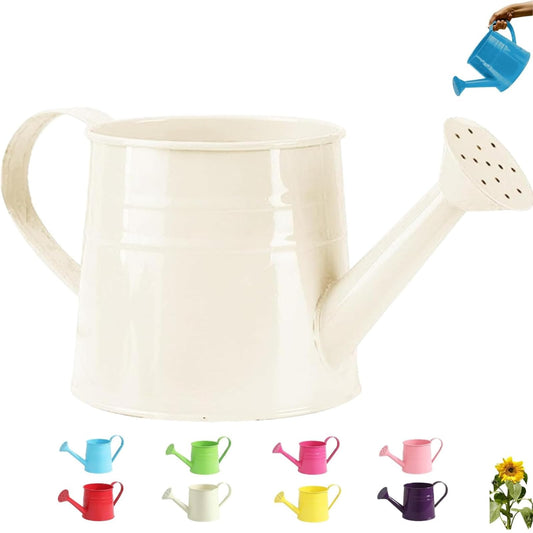 Metal Watering Can for Indoor Plants - 1L Vintage Garden Sprinkling Can with Long Spout & Handle, Rust-Resistant Tinplate Watering Kettle for Indoor Outdoor Lawn, Flower & Garden Care (White)