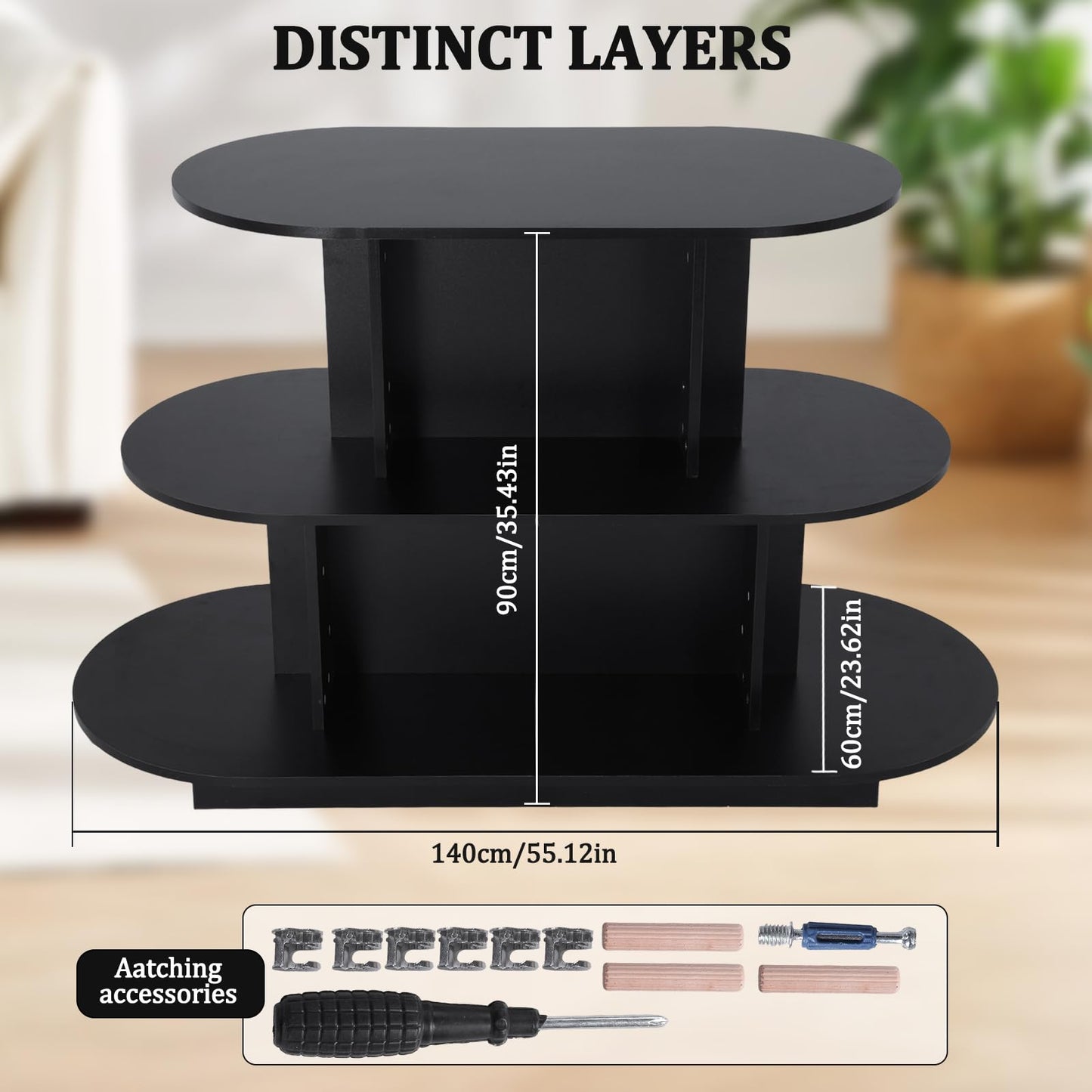 Hubxinly 3 Tier Wooden Oval Display Table Modern Standing Display Riser Shelf Retail Table for Stores Vendor Events 55in W x 23.6in D x 35in H (Black)