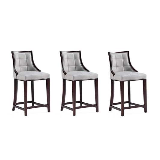 Manhattan Comfort Fifth Avenue Faux Leather Counter Stools with Rectangular Design Stitching, Foam Padding & Solid Beech Wood Frame, Fully Assembled Countertop Chairs, Set of 3, Light Grey