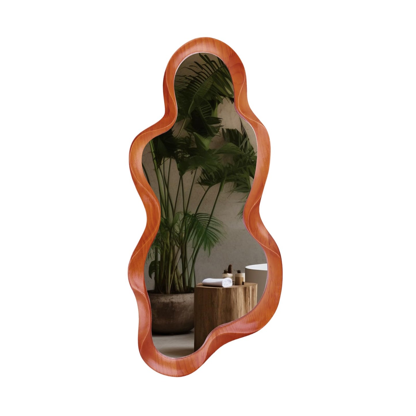 osemy 48"x 22" Irregular Wall Mirror, Walnut Wood Framed Wall Mirror, Asymmetrical Wall Wavy Mirror for Living Room Bedroom Entryway Bathroom Modern Decorative Mirror with Hanging Hooks