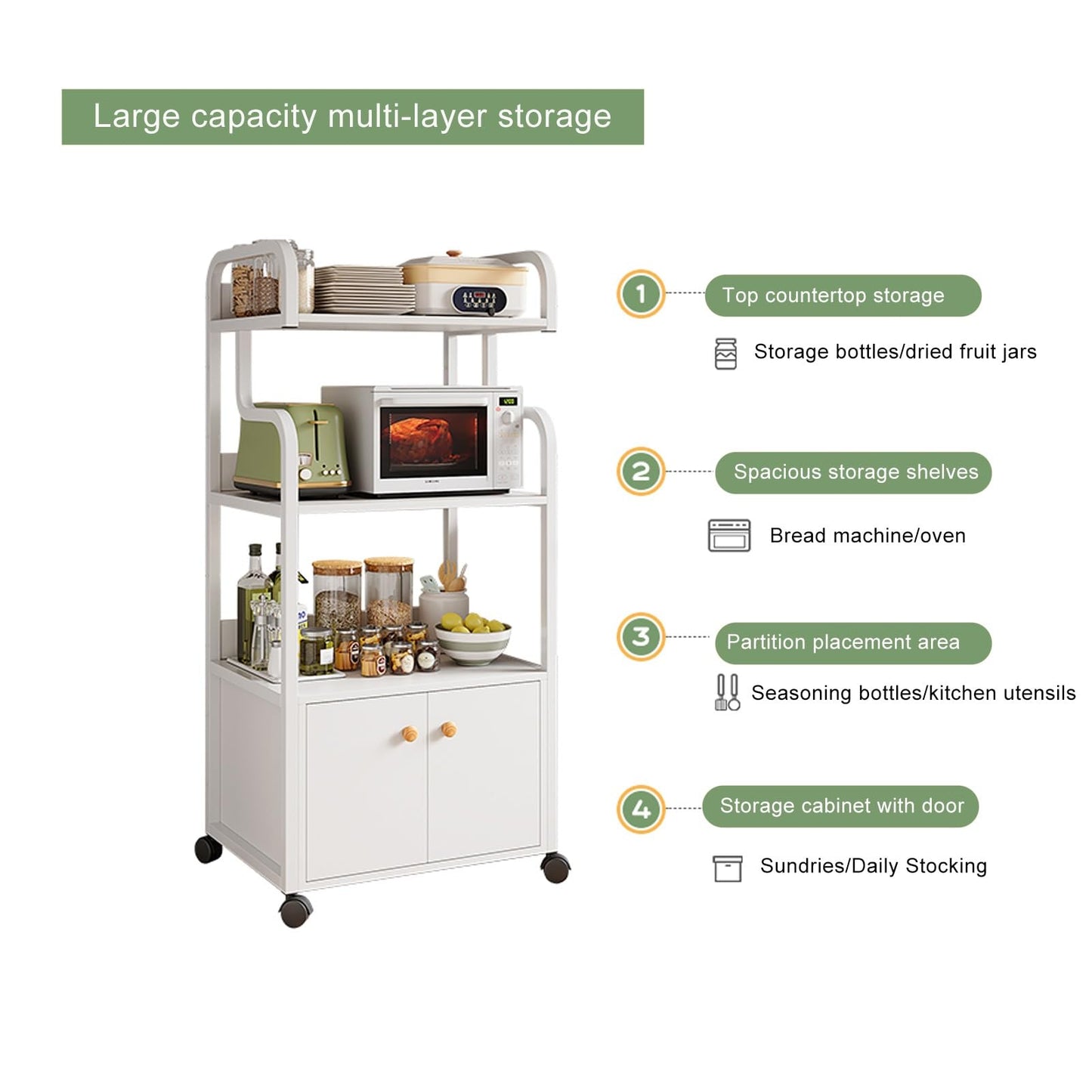 DHXIAMZ Storage Rack for Kitchen Rolling Microwave Stand Versatile Cabinet for Entryway Living Room & Bakery 52x34x126.5CM Stylish Black Kitchen Shelving Unit