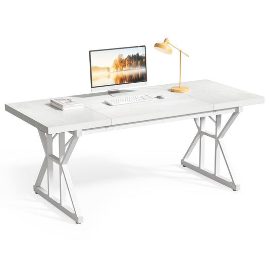 LITTLE TREE 70.8-Inch Large Executive Desk, Extra Long Computer Office Desk Workstation, Modern Simple Style Laptop Table, Sturdy Wooden Writing Workstation for Home White