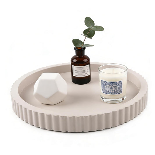 Modern Decorative Tray for Coffee Table, 11" Wooden Gray Beige Round Small Decor Tray for Candle, Perfume, Vanity, Kitchen Island Counter & Table Centerpiece