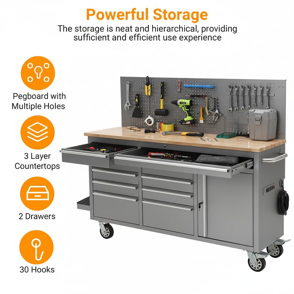 GAOMON 61-inch Rolling Tool Chest, 10 Drawers Garage Workbench Storage Tool Cabinet with Power Strip, Solid Rubber Wood Top, 1675 LBS Load Mobile Workstation, Heavy Duty Rolling Cabinet, Silver