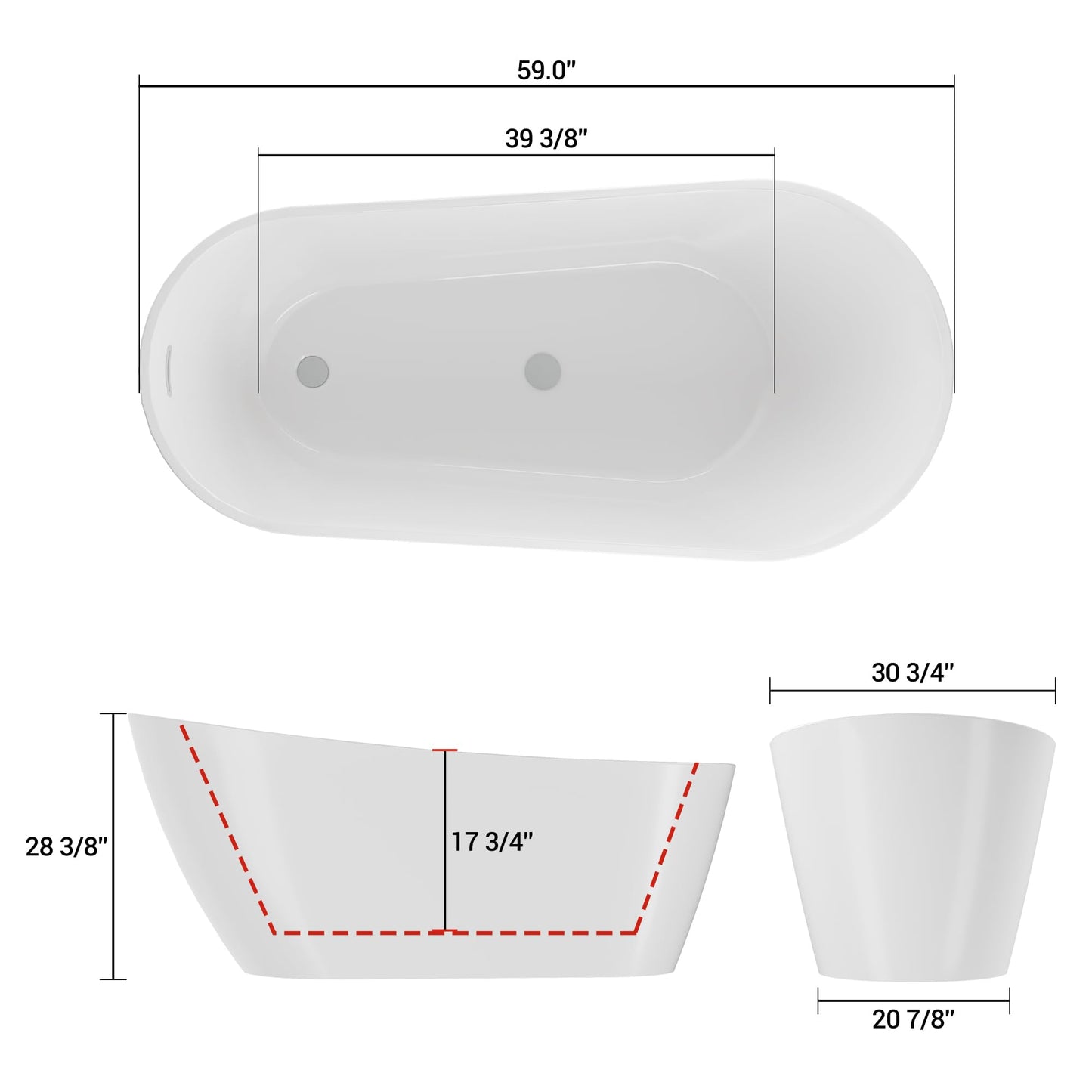 67" Acrylic Freestanding Bathtub, Modern Freestanding Tub with Chrome Drain & Overflow, Glossy White, Home Spa