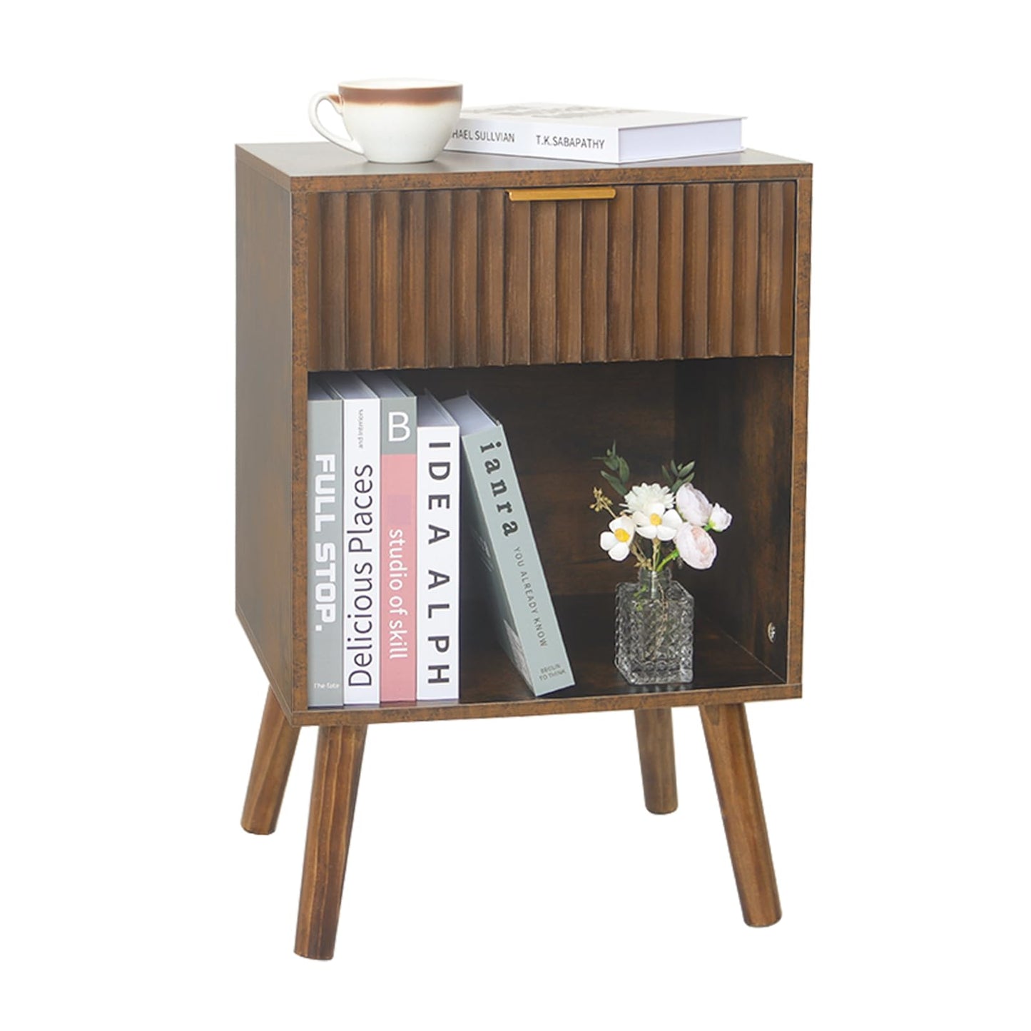 Fultyle Mid Century Modern Nightstand, Wood Bedside Table with Drawer and Opening Storage, End Table Living Room Fluted Night Stand with Solid Wood Legs for Bedroom (Rustic Brown)