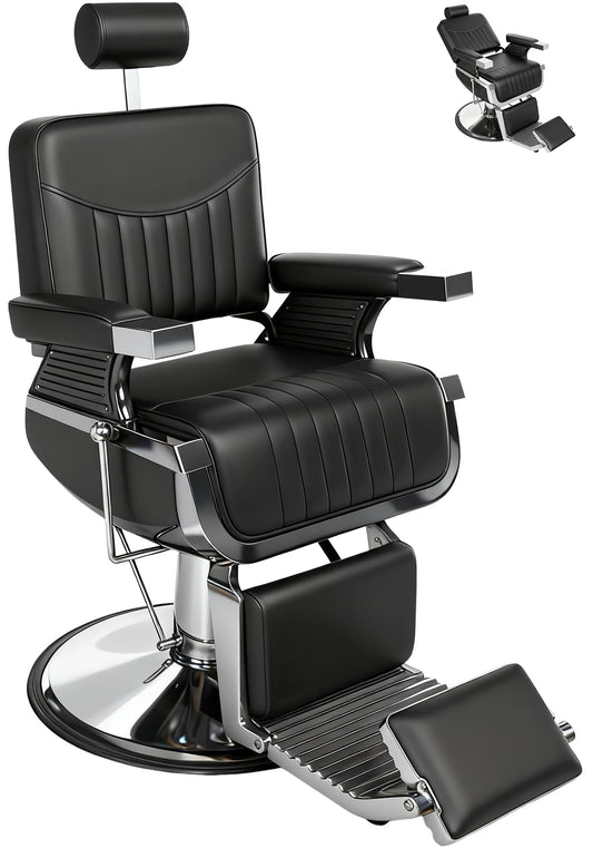 Vintage Black Barber Chair, Reclining Barber Chairs for Barbershop, Heavy Duty Hydraulic All Purpose Salon Chair Hair Stylist w/Removable Headrest, Professional Salon Beauty Spa Shampoo Equipment