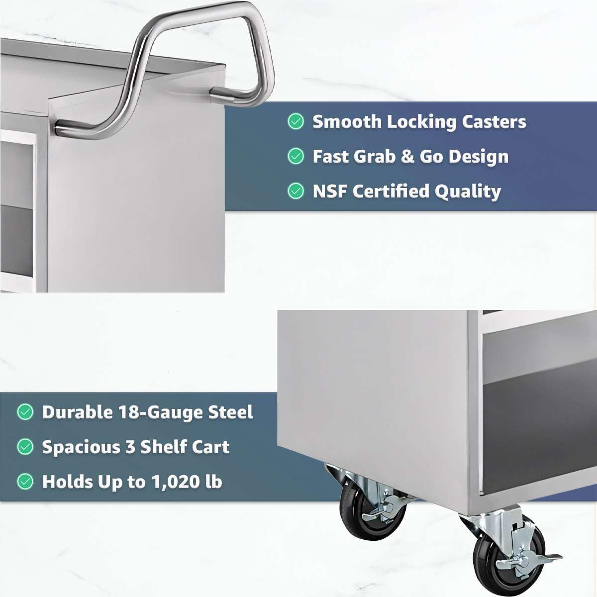 18" x 30" Stainless Steel Utility Cart with Enclosed Base and Locking Doors - Commercial NSF 3 Shelf Service Cart, Heavy-Duty Mobile Storage Cabinet for Kitchen, Catering, Restaurant Storage