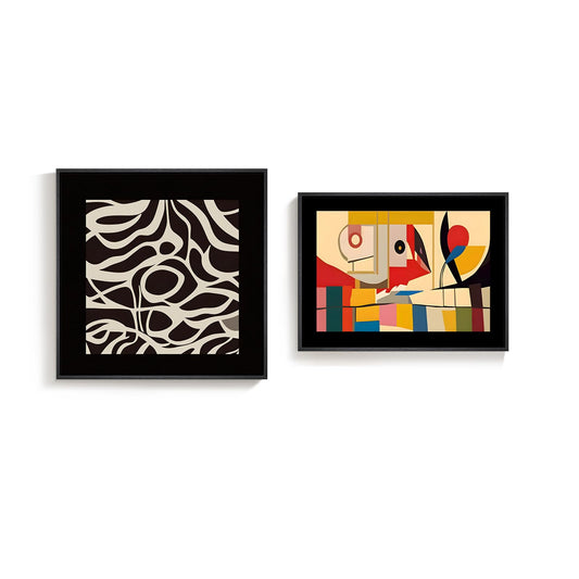 Framed Abstract Geometric Wall Art for Living Room, Set of 2 Mid Century Modern Black Colorful Canvas Artwork for Walls, Contemporary Vibrant Print Wall Decor for Bedroom Home Office, 24x24 & 24x18 In