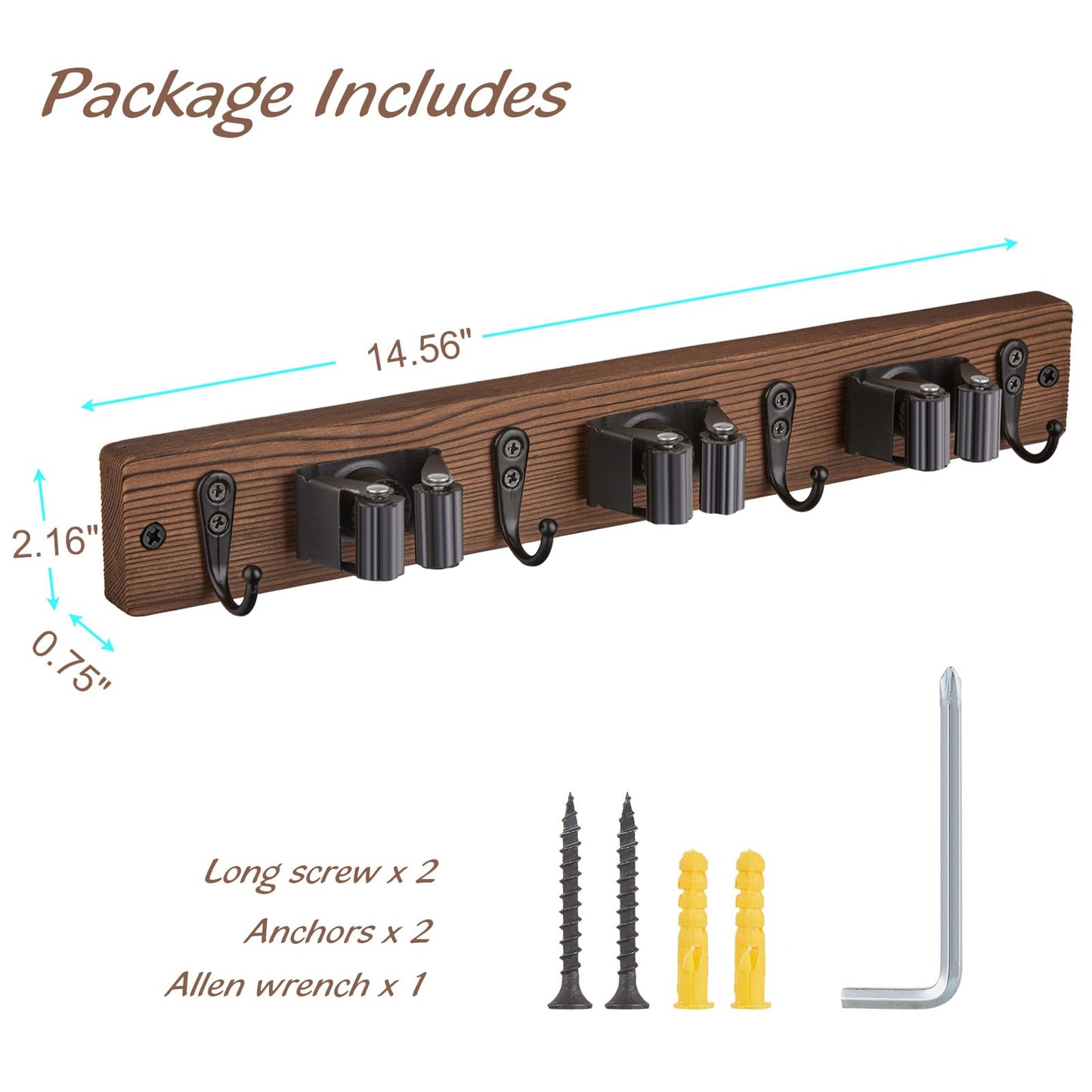 OUTNILI Mop Broom Holder Wall Mount with 3 Slots & 4 Hooks - Wood Broom Mop Hanger for Pantry Kitchen Organization - Garden Tool Organizer for Closet Laundry Room - for Rustic Farmhouse Kitchen Decor