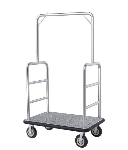 Hotel Luggage Cart, 1300LBS Load Capacity Bellman's Cart with 8" Wheels, Brushed Stainless Steel Commercial Grade Hotel Luggage Trolley with Grey Carpeted Deck for Hotels (42''L x 26''W x 70''H)